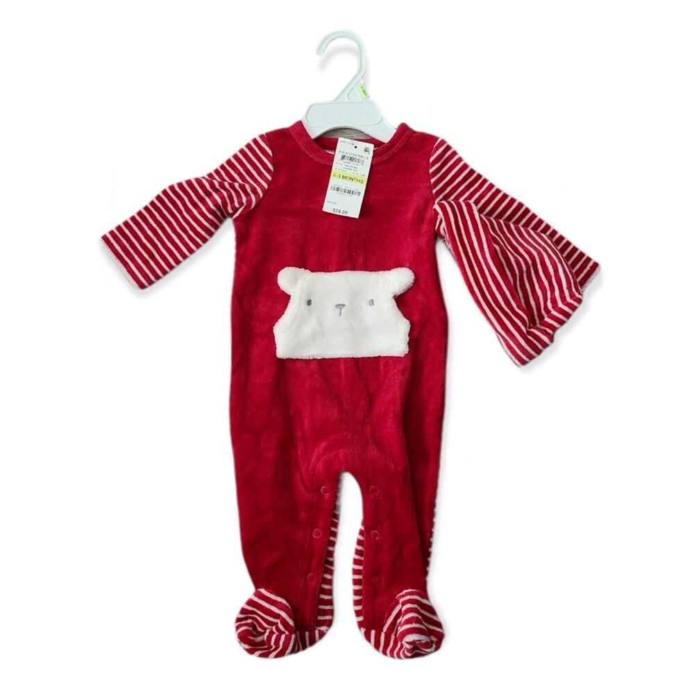 First impressions cherry red stripe bear footie pjs + hat Size 0-3 months
